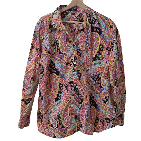 Chaps Tops - Chaps Womens Top Colorful 2X Blouse Button Down Paisley All Over Print Cotton